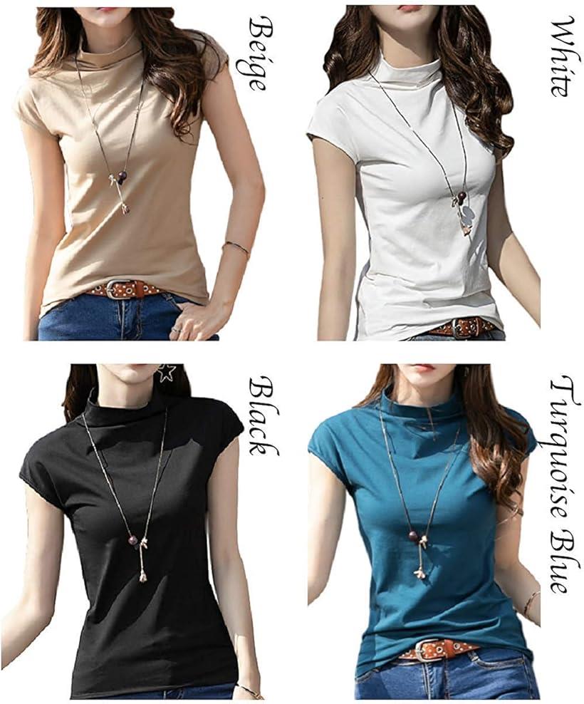 半袖 Tシャツ ハイネック カットソー フレンチスリーブ トップス レディース(ブラック, L)