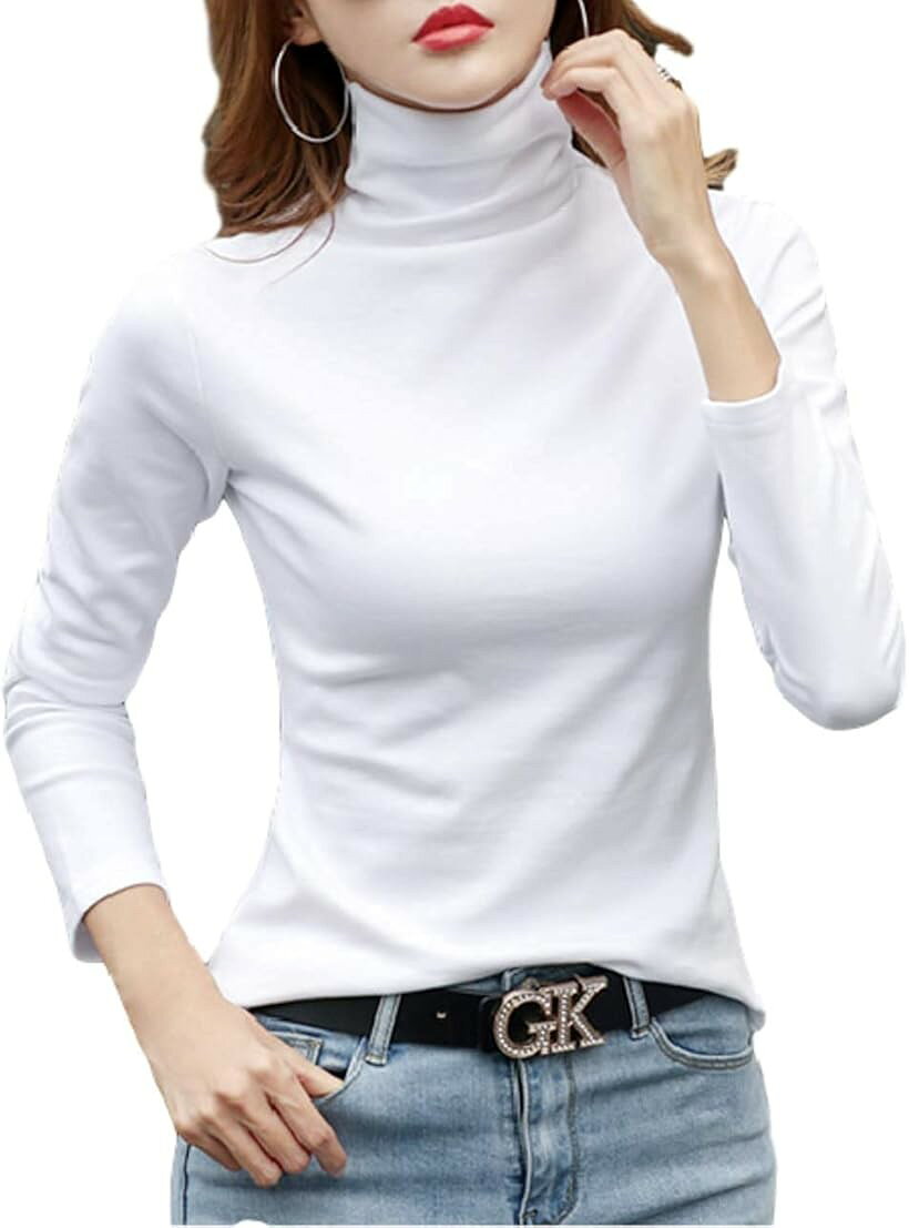 タートルネック tシャツ カットソー ハイネック トップス 長袖 インナー レディース (ホワイト, XL)