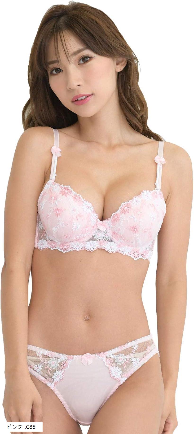 レディース ブラ ブラジャー ショーツ 下着 上 セット 女性 カップ 取り外し (ピンク, C85)