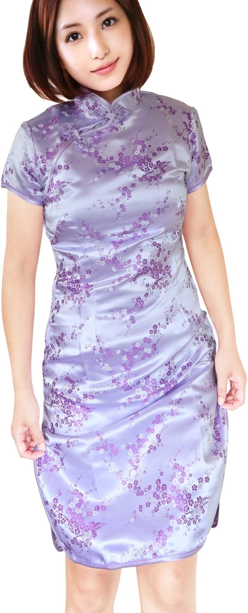 [Rikkey] チャイナドレス コスプレ チャイナ服 半袖 膝丈 チャイナワンピース (XL, 淡紫)
