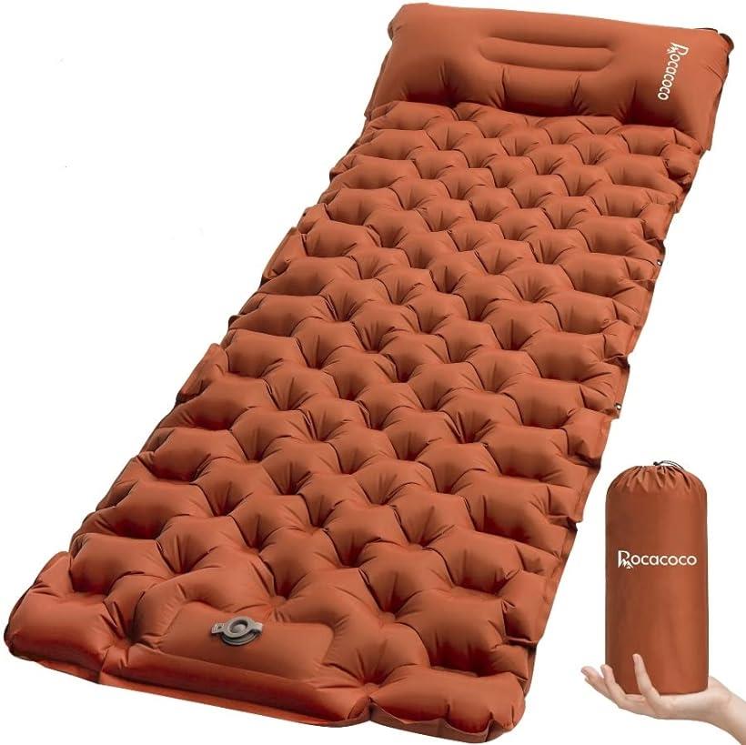 Rocacoco 10cm厚さ エアーマット エアマット キャンプマット 足踏み式 枕付き折畳み式 40Dナイロン TPU生地 キャンプ用品 収納袋付き(Orange)