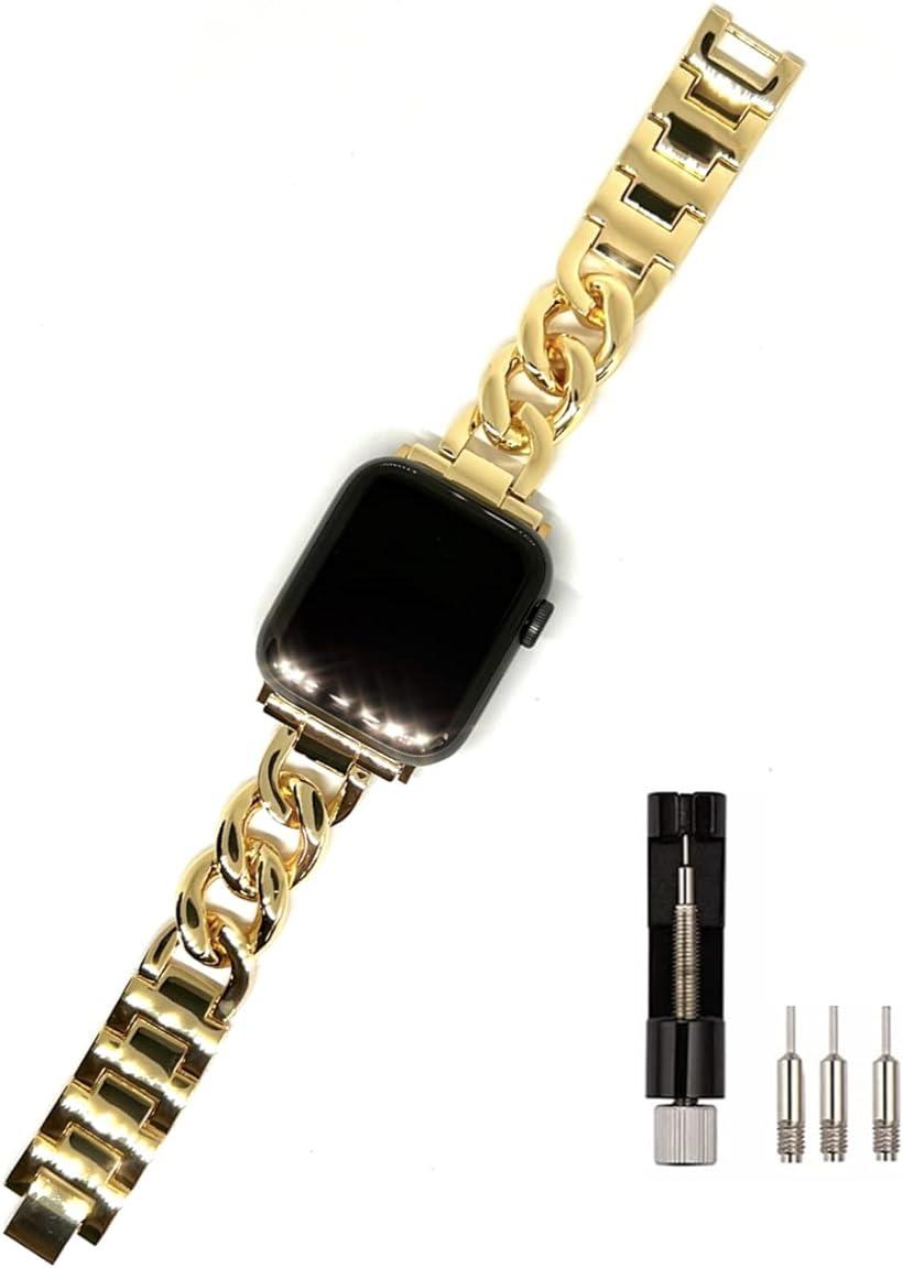 Apple Watch アップルウォッチ専用 チェーン バンド 軽量 調整工具付き ベルト お洒落 交換ベルト( ゴールド, 38/40/41mm)