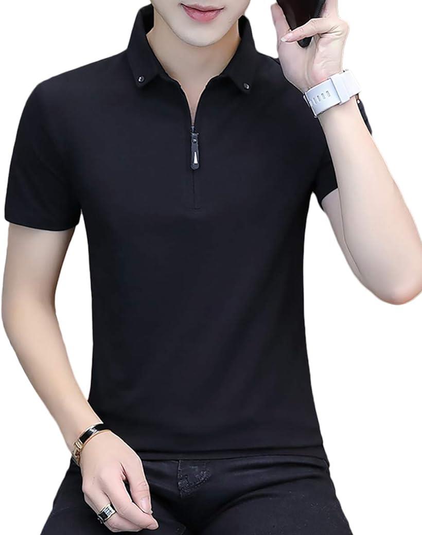 メリュエル ポロシャツ チェストファスナー スキッパー tシャツ 襟付き 半袖 メンズ ソリッド-ブラック( ブラック（ソリッド）, M)