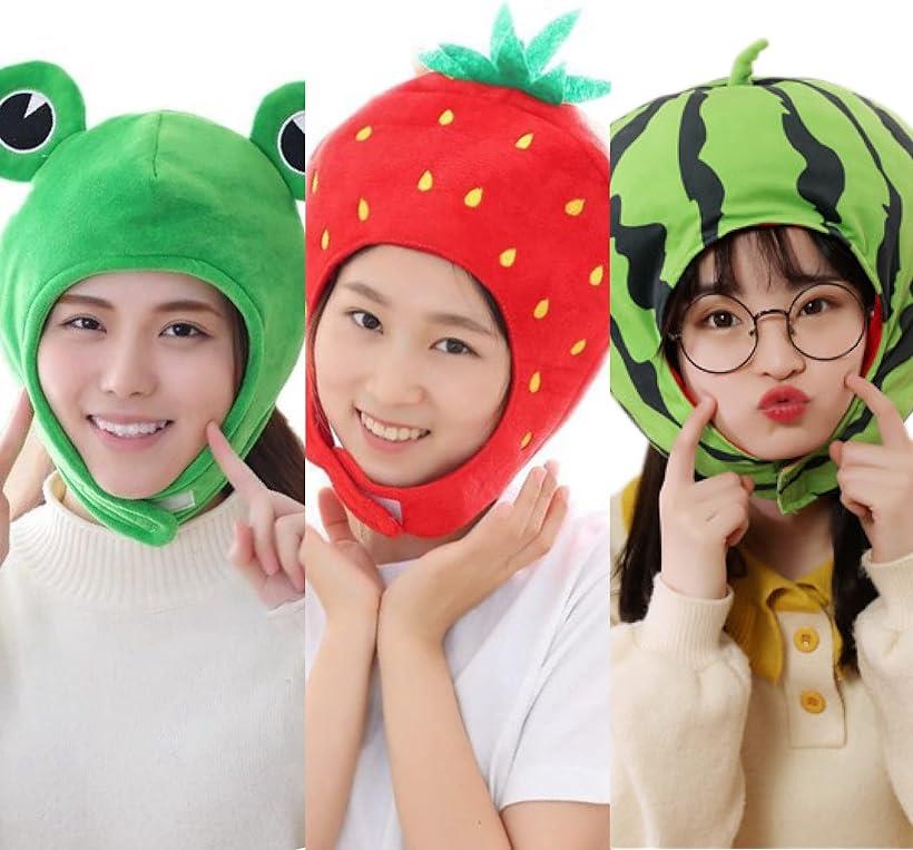 Famimueno アニマル マスク 果物 コスプレ 仮装 おもしろ 変装 動物 (かえる+イチゴ+スイカのセット)
