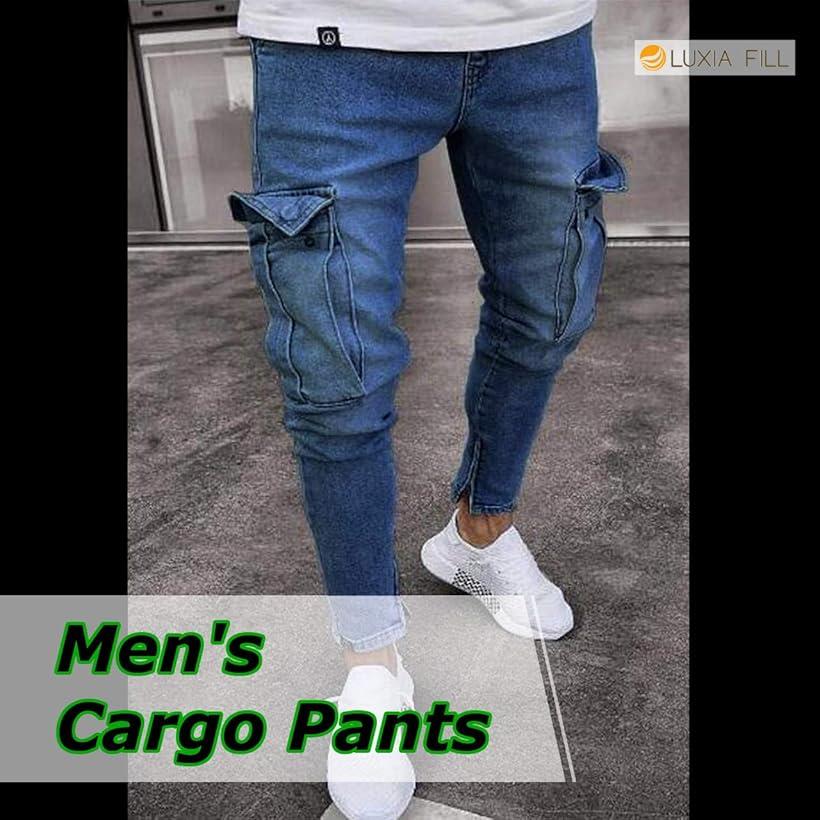 ルクシア フィル カーゴパンツ メンズ ロング 洗える ゆったり オールシーズン ストレッチ ブルー XL (ブルー, XL)