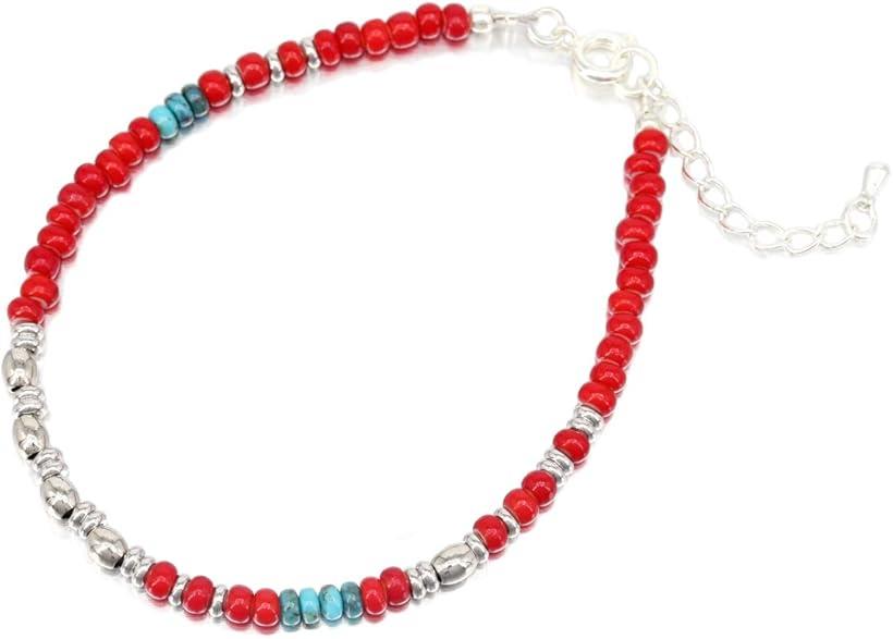 アンクレット ホワイトハート ガラスビーズ ハウライトターコイズ ミサンガ レディース メンズ(レッド)