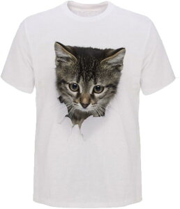 Tシャツ 猫 おもしろ トリックアート カジュアル シンプル ブラックネコ XXL(NO.3, 2XL)