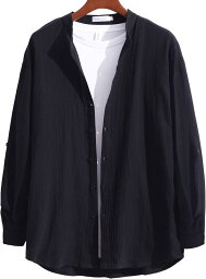 ラッキーチャーム シャツ メンズ スタンドカラー カジュアルシャツ 長袖 ゆったりサイズ( ブラック, M)