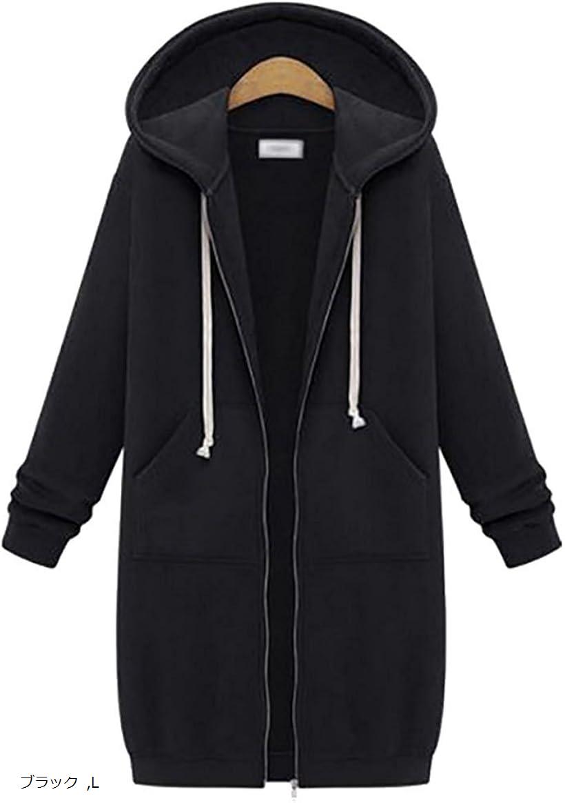 レディース パーカー ロング丈 フード付き ゆったり プルオーバー S・M・L・XL ブラック (ブラック, L)(4)