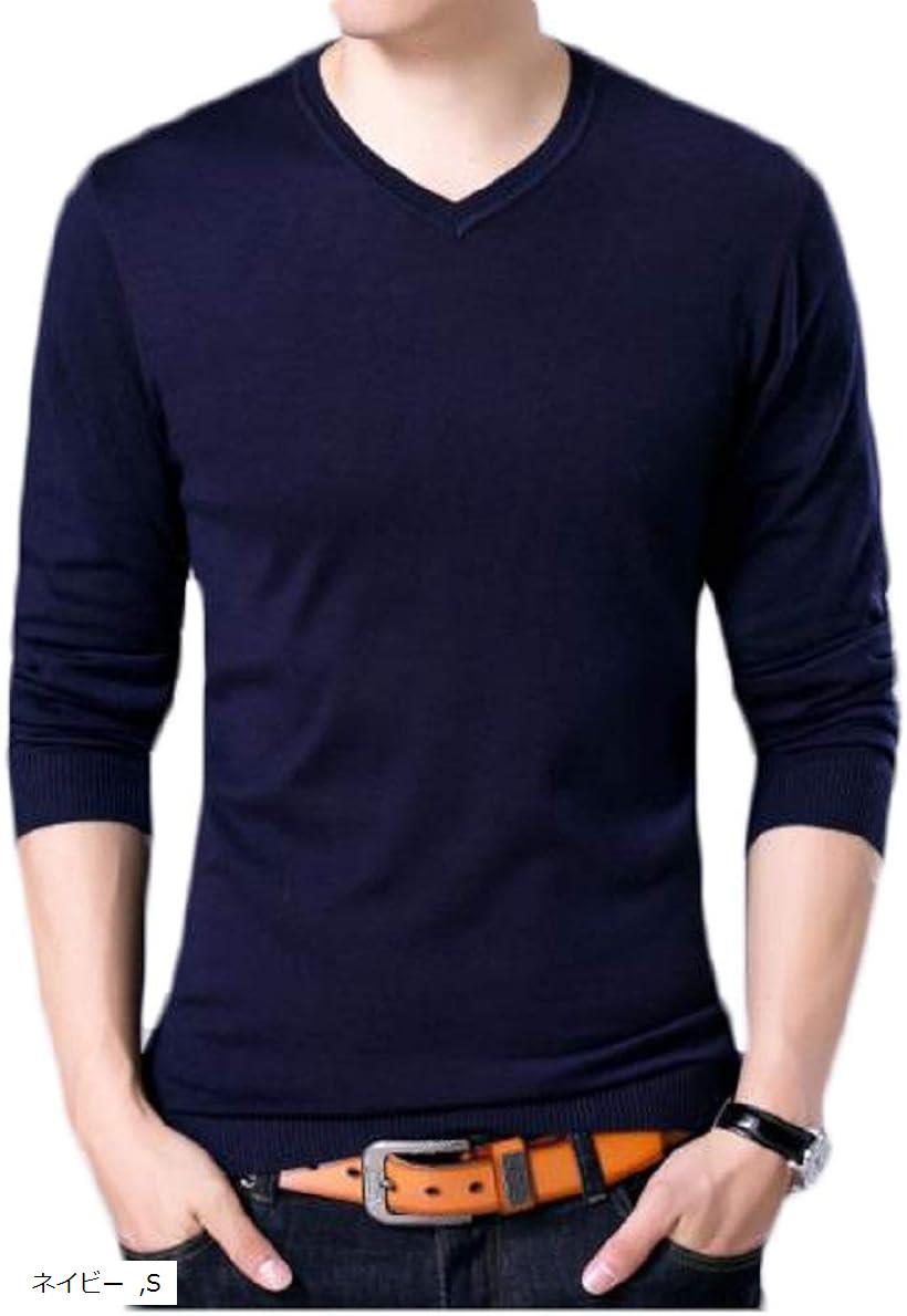 サンクシャ ニット セーター Vネック ウール 長袖 無地 シンプル カジュアル デザイン 秋 メンズ ナガソデ 薄手 ゆったり 体型隠し カバー ダンディ クール お兄系 男性 男性用 ファッション カッコイイ服 学生(ネイビー, S)