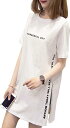  レディース シンプル ベーシック 半袖 ロゴ プリント ロング Tシャツ チュニック丈 カットソー トップス(ホワイト,L)