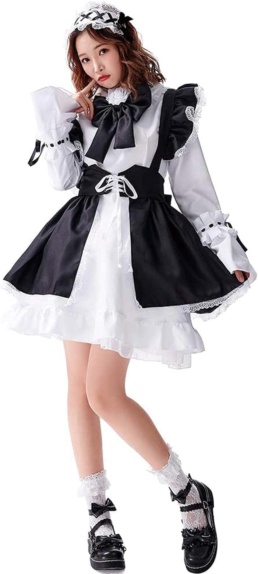 コスプレ メイド 服 かわいい カチューシャ 長袖 6点 セット タトゥーシール 付 レディース myuse(L)