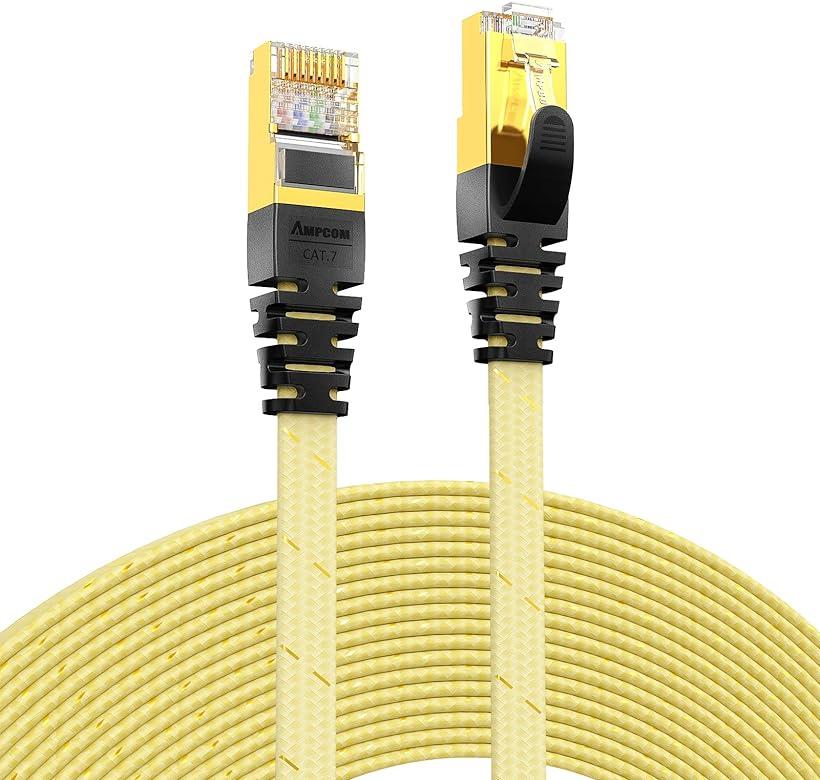 CAT7準拠STP 高速LANケーブル (2m) AMPCOM 10Gbps/600MHz RJ45 フラット インターネットケーブル 金メッキコネクタ(組紐)