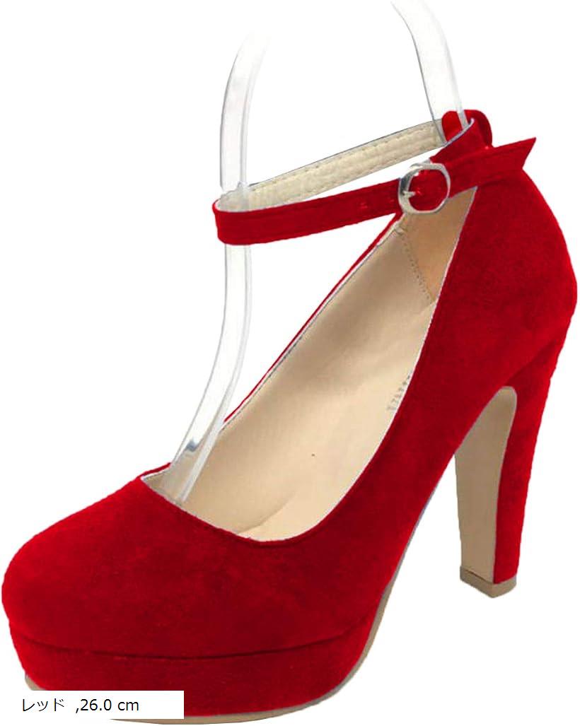 厚底 アンクル ストラップ 付き パンプス ハイヒール 高め ラウンドトゥ 太め レディース キャバ 26.0cm(レッド, 26.0 cm)