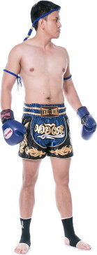 ムエタイ 道具一式 本場タイ製品 グローブ8オンス MUAY THAI モンコン&パープラチアット 手作り ムエタイパンツ 足首サポーター Nationman コスチューム 格闘家 MDM(ブルー)