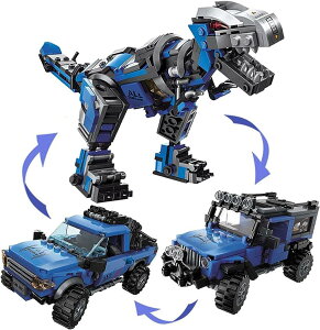 恐竜おもちゃ 組み立て 車おもちゃ ティラノサウルス 変身 ロボット(ブルー)