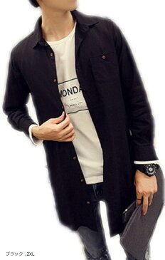 ロングシャツ ボタン メンズ 長袖 長そで ながそで カジュアル カジュアルシャツ 大きい おおきい サイズ XXL(ブラック, 2XL)