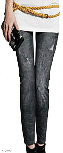 レディース レギンス デニム柄 ストレッチ パンツ スパッツ A ブラック(A ブラック, Free Size) レディース レギンス デニム柄 ストレッチ パンツ スパッツ A ブラック(A ブラック, Free Size)