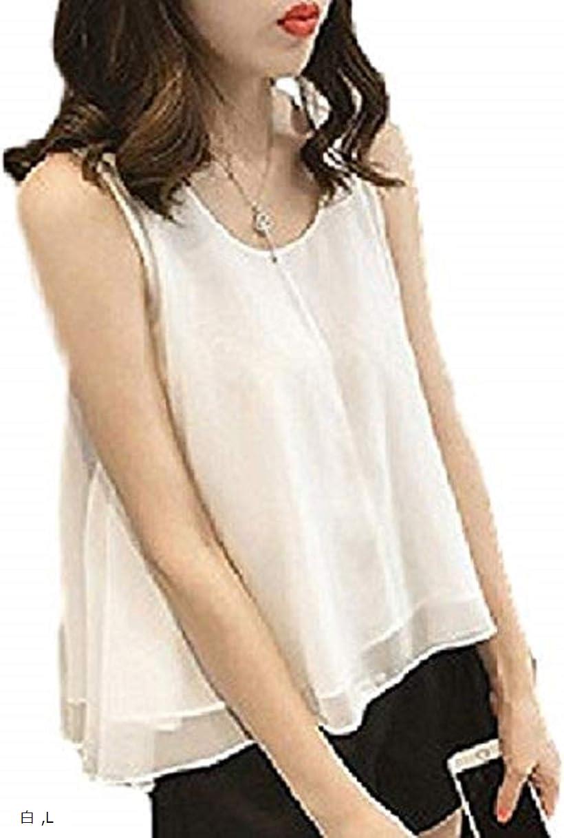Sleeveless - ニブンノイチスタイル ノースリーブ リボン付き とろみ 大人 シフォン タンクトップ チュニック ブラウス L 白 (ホワイト, L)