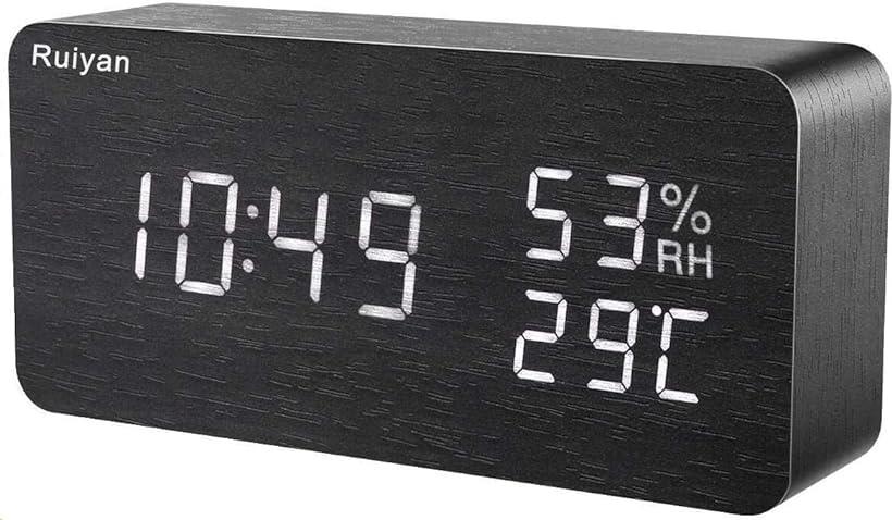 2020最新デザイン　目覚まし時計 置き時計 木目 LEDデジタル時計 アラームクロック 温度湿度計 カレンダー 音声感知 USB/乾電池給電 (ブラック)