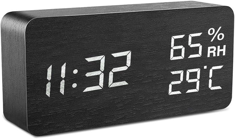 目覚まし時計 木製 大音量 デジタル 置き時計 温度湿度計 (ブラック)