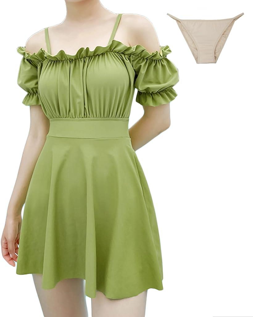 ワンピース 水着 レディース オフショルダー 体型カバーできるパフスリーブ ハイウエスト 大きいサイズ オフショル水着 インナー付き(グリーン, XL)