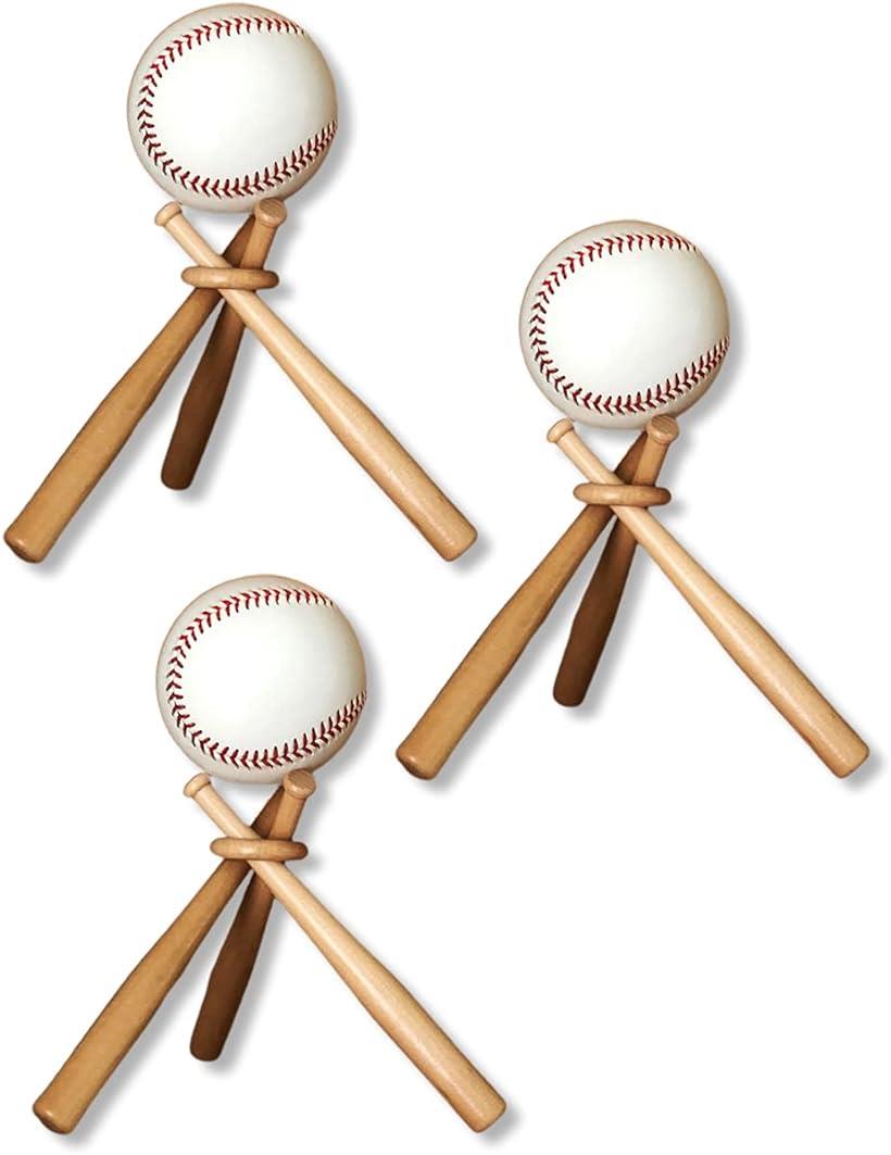 野球ボール サインボール 記念ボール 置き 置き台 飾り台 展示用 ミニチュア バットスタンド 木製 オブジェ(ナチュラルウッド, 3個セット)