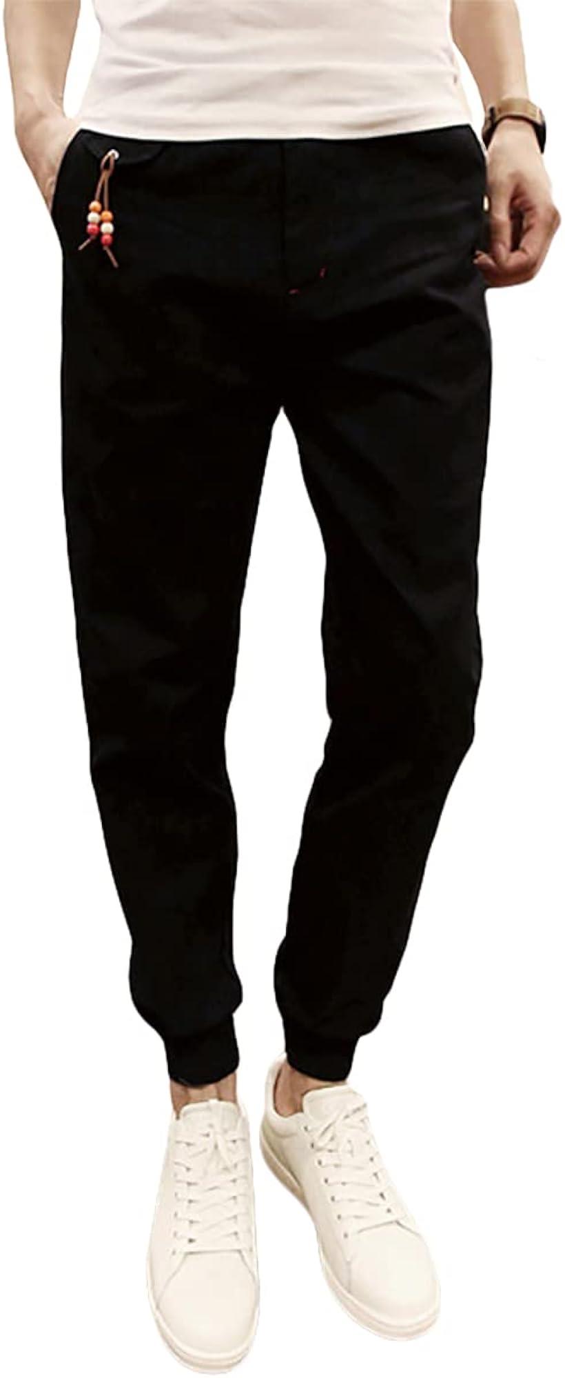 メリュエル スリムフィット カジュアル ロングパンツ ベルト通しあり ポケット付き ズボン 無地 メンズ( ブラック, M)