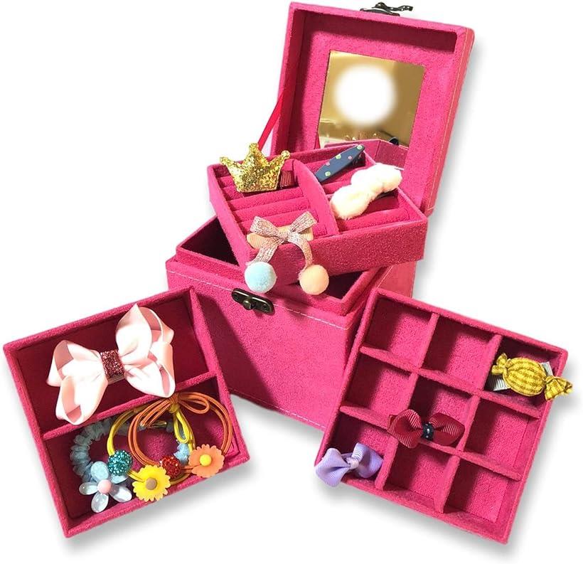全3色 子供用 アクセサリー ケース 3段 ジュエリー ボックス 女の子 鏡付き おもちゃ 宝石箱 収納 BOX 箱(チェリーピンク・アクセサリー付)