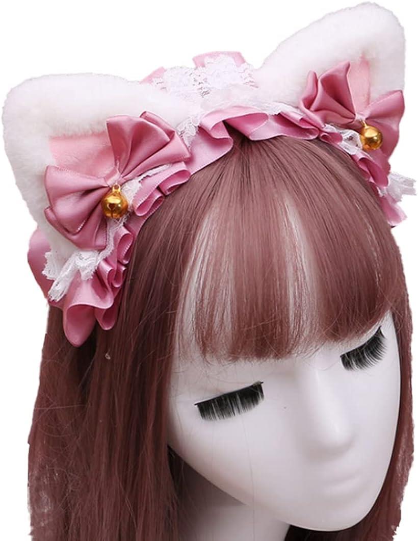 [FUPUTWO] ヘッドドレス ねこ耳 カチューシャ メイド リボン コスプレ 髪飾り 白耳・ピンク 