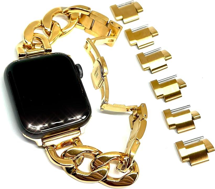 Royce Roland Apple Watch チェーンベルト (シルバー/ステンレス) コマ調整器不要 バタフライバックル (38/40/41mm, gold)