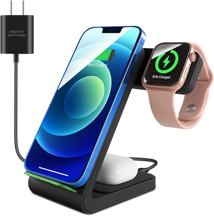 ワイヤレス充電器3in1 15W急速 置くだけ充電 Apple Watch/Airpods充電対応 iphone8 /Samsung Galaxy S6以降など qi機種対応 黒