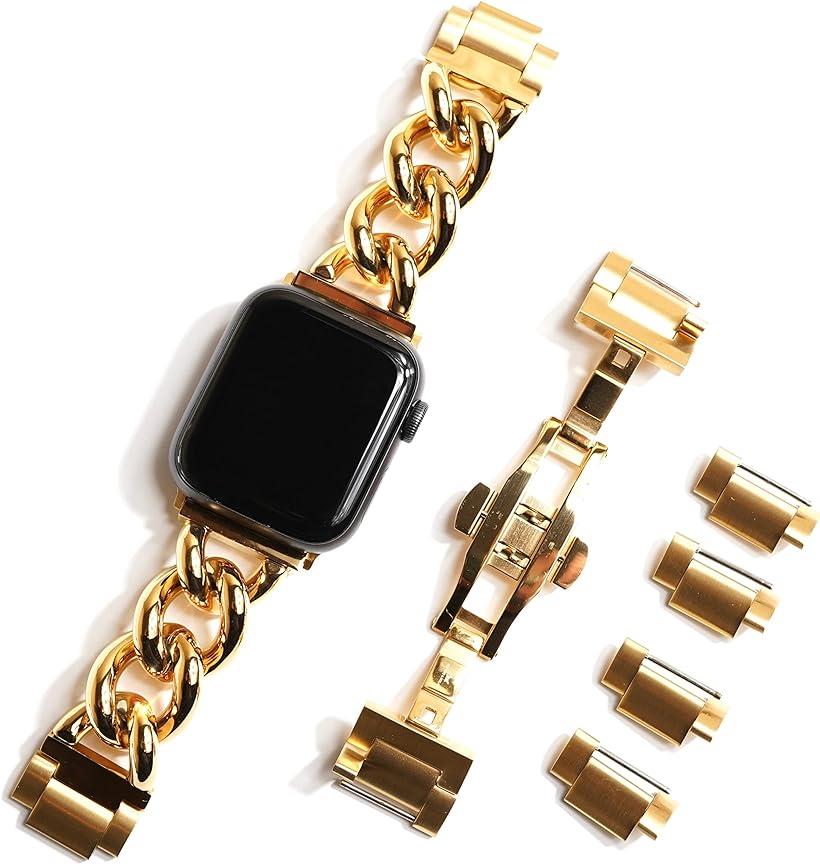 Royce Roland Apple Watch チャンキー チェーンベルト コマ調整器不要 バタフライバックル(38/40/41mm, gold)