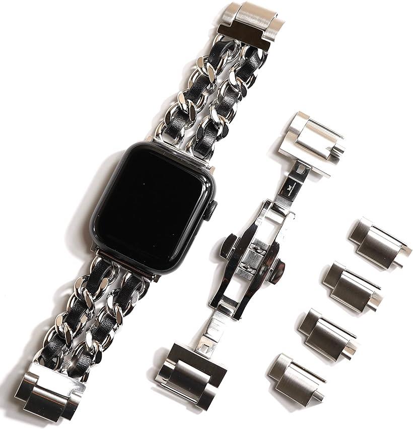 Royce&Roland Apple Watch チェーン ベルト 工具不要 バタフライバックル(42/44/45mm, silver/black)