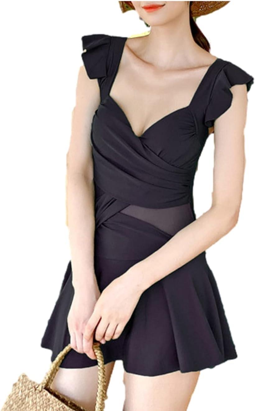 ジーティアモ 水着 レディース かわいい フリル ワンピース スカート オールインワン 体型カバー フレア 一体型 L (ブラック, L)