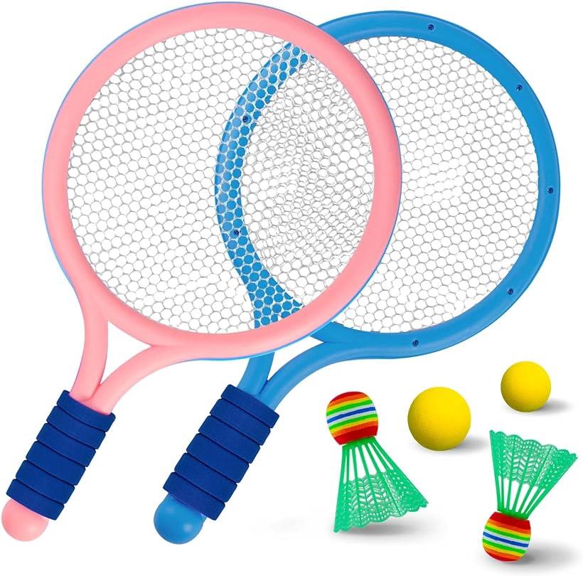 バドミントンラケット こども 親子 バトミントンセット 親子プレイ スポーツ(2色ラケットと 4つのボール, ワンサイズ)