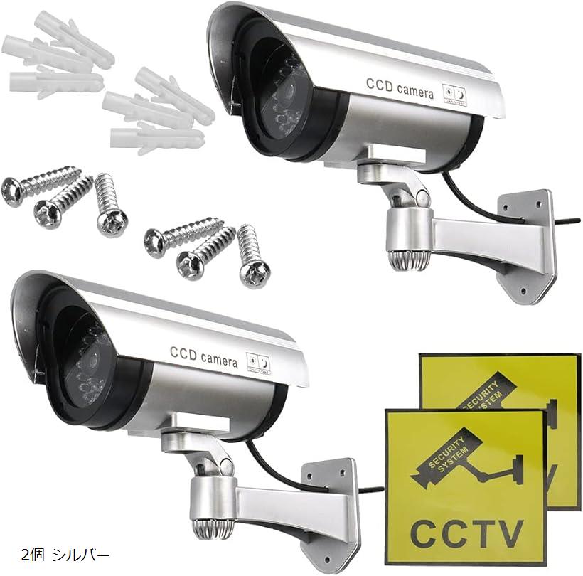 ダミーカメラ 防犯カメラ 監視カメラ 不審者対策 注意喚起 フェイクカメラ カモフラージュ LEDライト点滅 電池式 配線不要 取付簡単 2個 シルバー (シルバー)