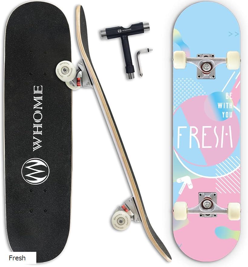 【楽天ランキング1位入賞】プロ スケートボード - 31x8インチ 子供/大人用 プロ/初心者用 標準スケボー Tツール付き ABEC-9 アルパイン メープル 8層デッキ(Fresh)