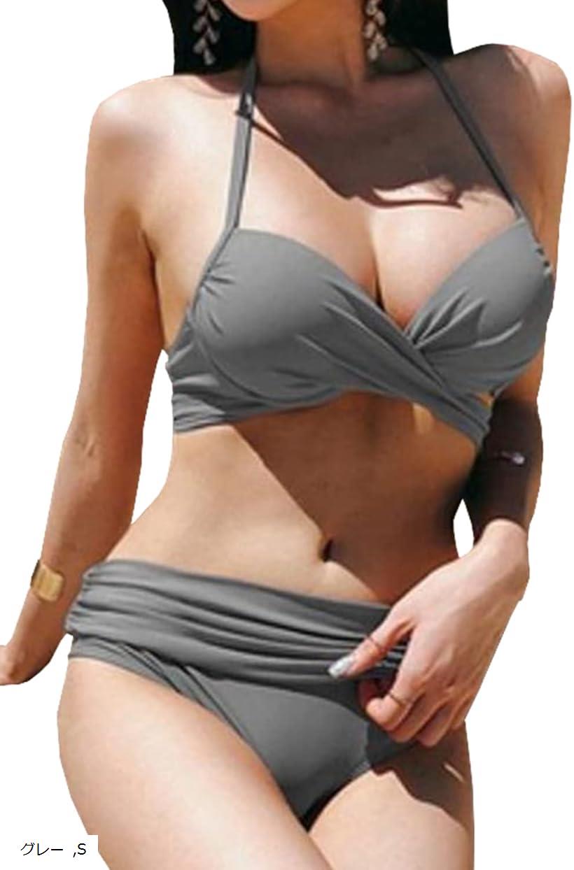 水着 ビキニ ホルターネック クロス カシュクール ハイウエスト パッド入り レディース(グレー, S)