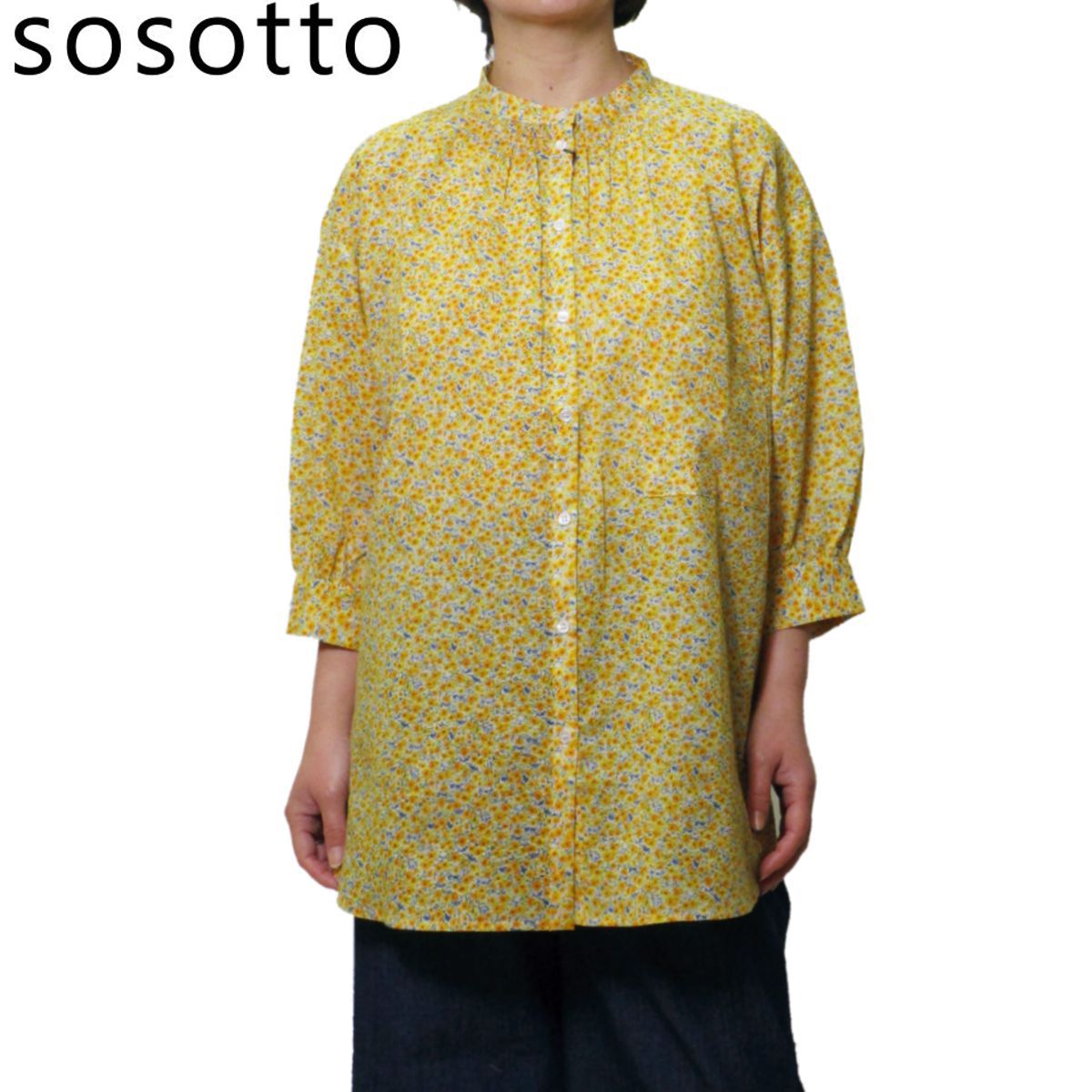 SOSOTTO(ソソット)リバティプリント/ゴムシャーリングチュニック7分袖 レディース フリーサイズ 全2色 【送料無料】 春 夏 服