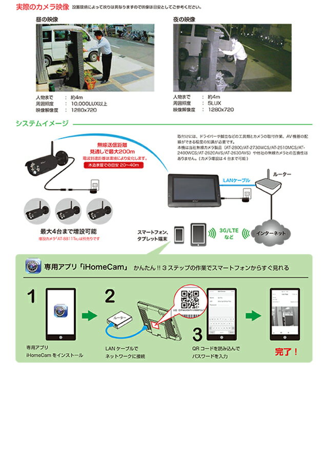 送料無料 ハイビジョン無線カメラ＆モニターセット AT-8801 防犯カメラ sdカード録画 防犯カメラ ワイヤレス 屋外