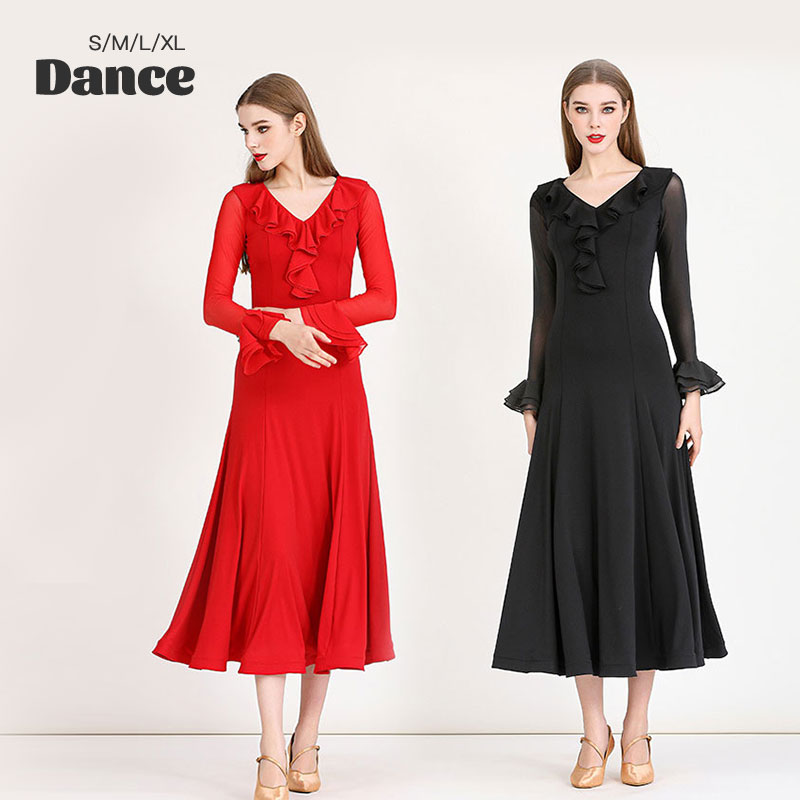 レディース ダンスドレス ロングドレス 赤 黒 2色 フリル モダンダンス ワルツ 優しい シェップ ストレッチ ステージ 団体 試合 イベント パーティー S M L XL