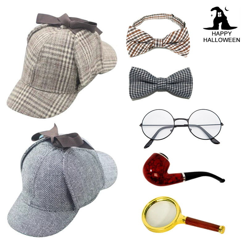鹿撃ち帽子 探偵帽子 キャップ リボン メガネ パイプ 拡大鏡 6点セット 子供 大人 コスプレ衣装 コスプ..