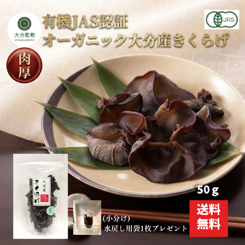 商品情報名称(一般的名称)乾きくらげ原材料名有機きくらげ(菌床)原料原産地大分県産内容量50g賞味期限約1年保存方法直射日光を避け、湿度の低い場所で保存加工者/販売者大分乾物有限会社大分県国東市安岐町瀬戸田931栄養成分表示100gあたり熱量：171kcalタンパク質：6.9g脂質：0.7g炭水化物：77.0g食塩相当量：0.1g食物繊維：79.5gビタミンD：130μg大分産 有機 きくらげ 50g 有機栽培 無農薬 オーガニック 肉厚 戻し袋付 送料無料 産地直送 大分乾物 乾物 国産 健康食材 有機栽培にこだわった希少価値の高い有機きくらげです。肉厚で歯応えのある有機きくらげです。 8