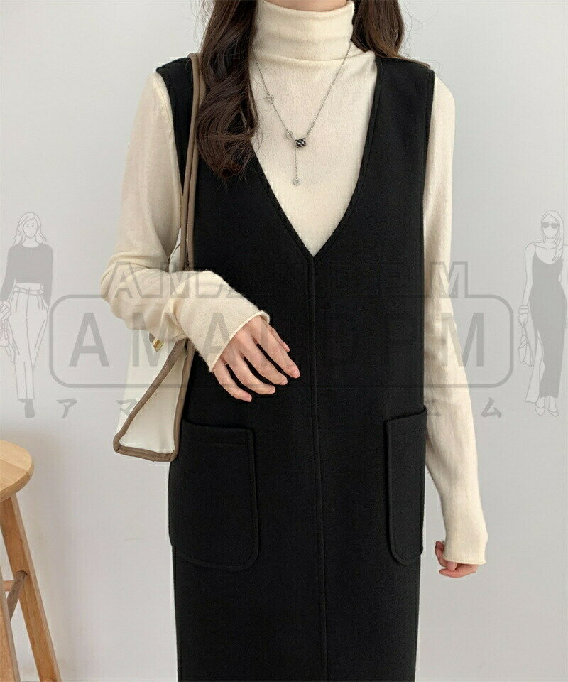 ジャンパースカート ワンピース レディース きれいめ 冬 秋 秋冬 ロング ミディアム丈 ノースリーブ Vネック 無地 カジュアル フォーマル 大人可愛い 大きいサイズ 重ね着 着回し 体型カバー 上品 大人 可愛い 着痩せ 通勤 入学式 韓国 30代 40代 50代