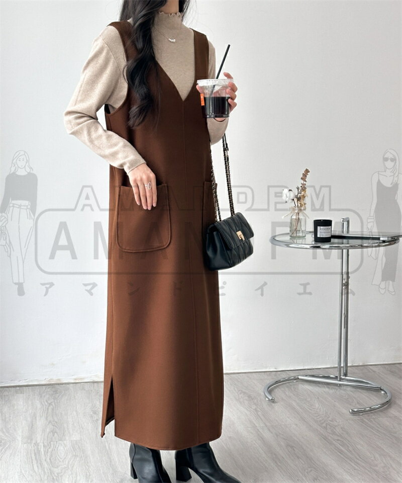 ジャンパースカート ワンピース レディース きれいめ 冬 秋 秋冬 ロング ミディアム丈 ノースリーブ Vネック 無地 カジュアル フォーマル 大人可愛い 大きいサイズ 重ね着 着回し 体型カバー 上品 大人 可愛い 着痩せ 通勤 入学式 韓国 30代 40代 50代