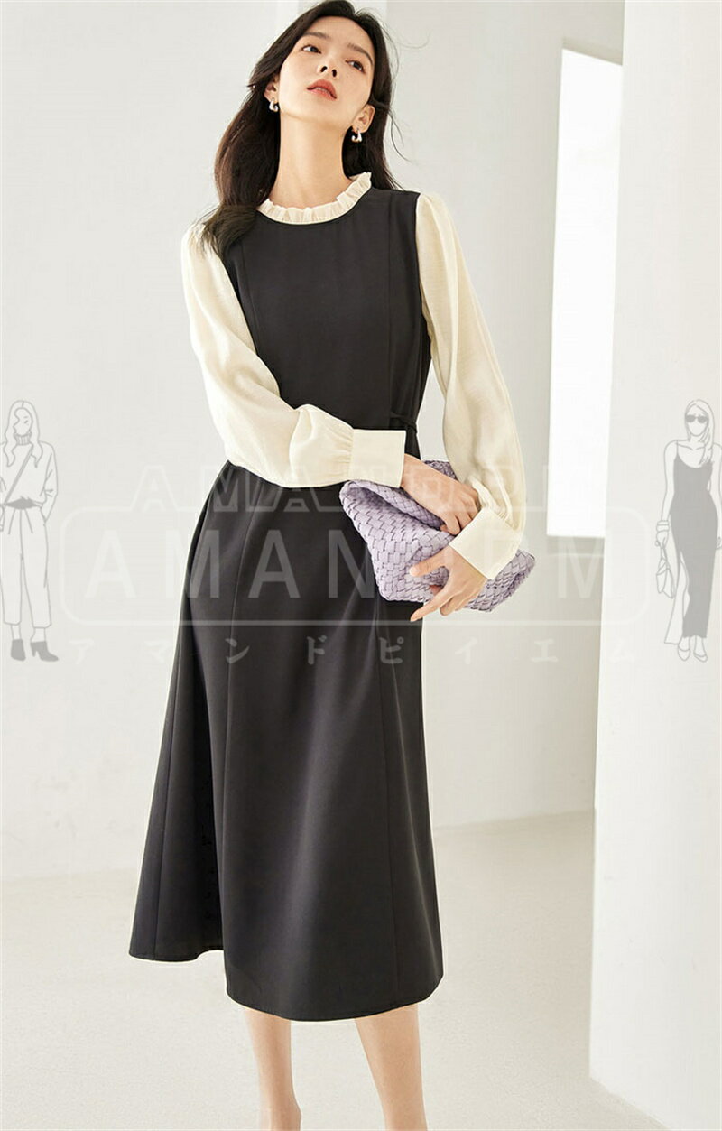 「楽天スーパーSALE」 ワンピース レディース きれいめ 春 ロングワンピース マキシワンピース ミモレ丈 切り替え 丸首 異素材 ゆったり 長袖 フォマール 着痩せ ミモレ丈 無地 長袖 Aライン 体型カバー カジュアル 大きいサイズ 上品 無地 大人 春 秋 夏 30代 40代 50代