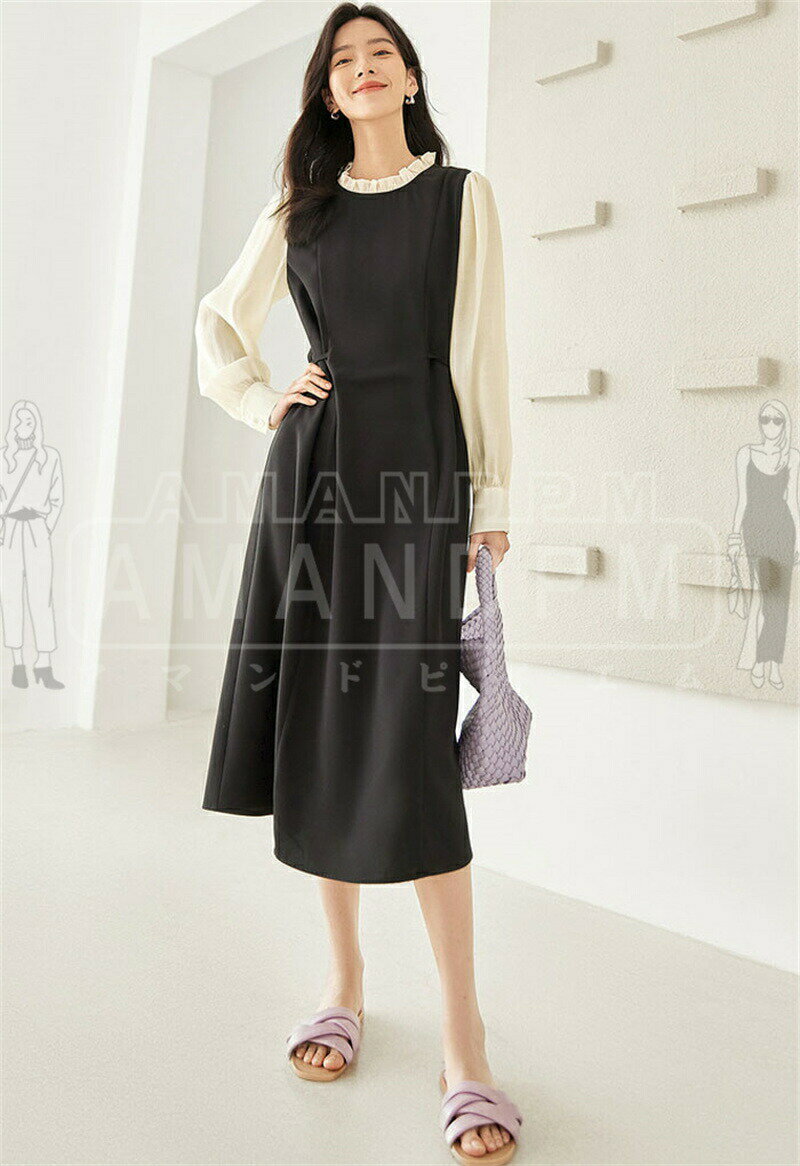 「楽天スーパーSALE」 ワンピース レディース きれいめ 春 ロングワンピース マキシワンピース ミモレ丈 切り替え 丸首 異素材 ゆったり 長袖 フォマール 着痩せ ミモレ丈 無地 長袖 Aライン 体型カバー カジュアル 大きいサイズ 上品 無地 大人 春 秋 夏 30代 40代 50代