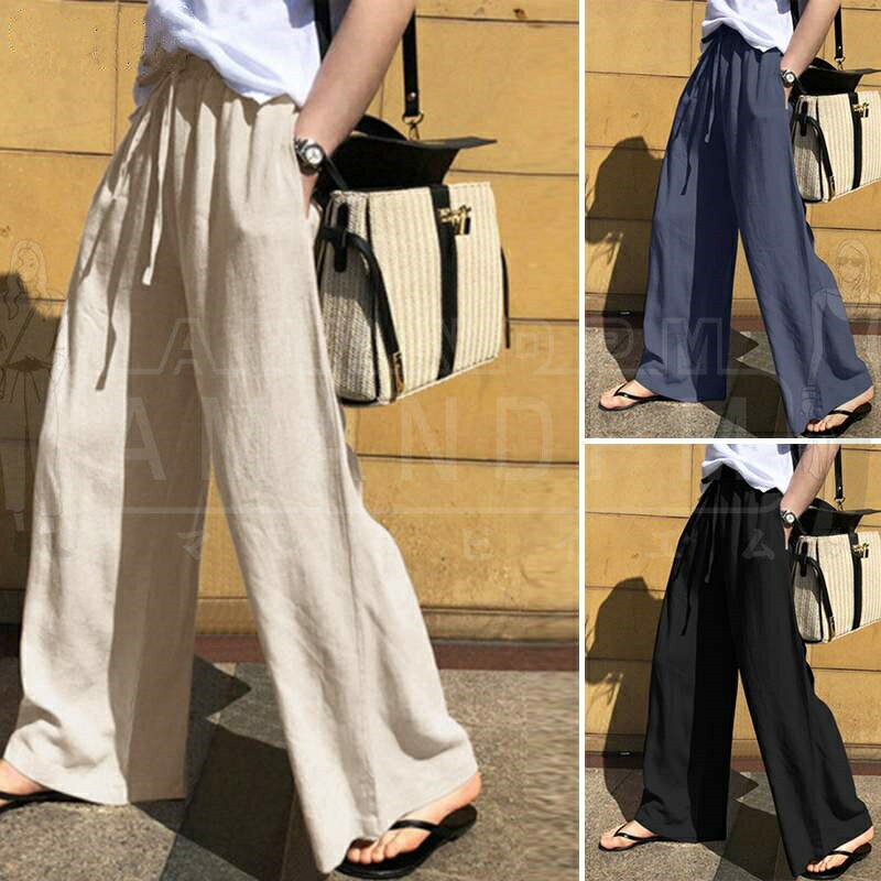 Linen, Hemp - ワイドパンツ レディース きれいめ 夏用 パンツ 麻 ロング ガウチョパンツ ゆったり ボトムス ポケット付き ロングパンツ ウエストゴム 入ウエスト 長ズボン 無地 大きいサイズ 通勤 カジュアル 普段着 春 夏 秋 30代 40代 50代