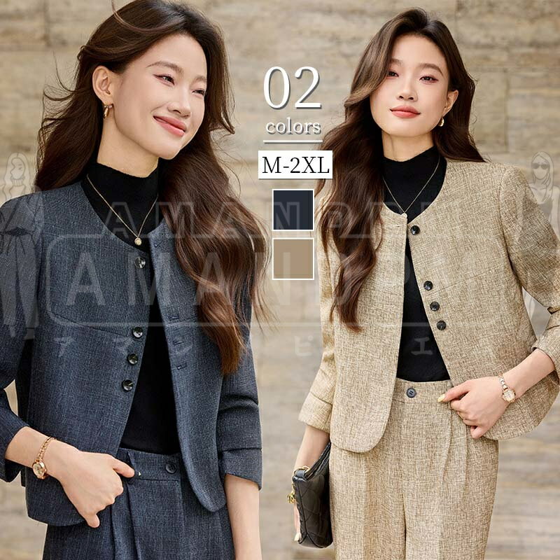 セットアップ レディース 春 秋 春秋 きれいめ 大きいサイズ パンツスーツ 韓国 上下セット スーツ ジャケット ノーカラー ロングパンツ ワイドパンツ ツイ...